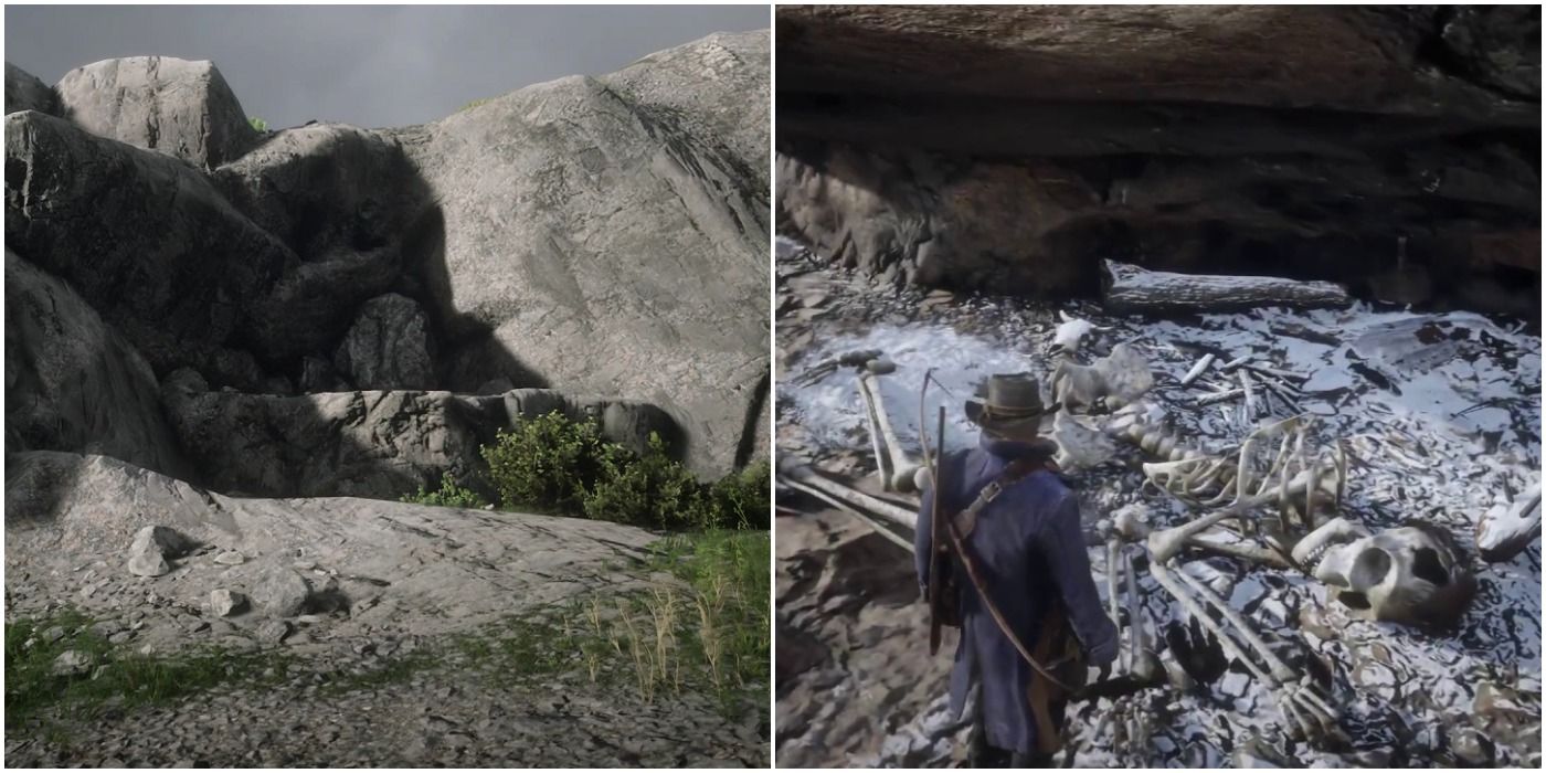 RDR2 Arthur Morgan In Front of Giant's Cave and Giant Skeleton