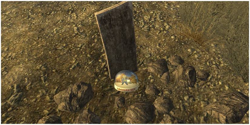The Goodsprings snow globe leaning on a grave