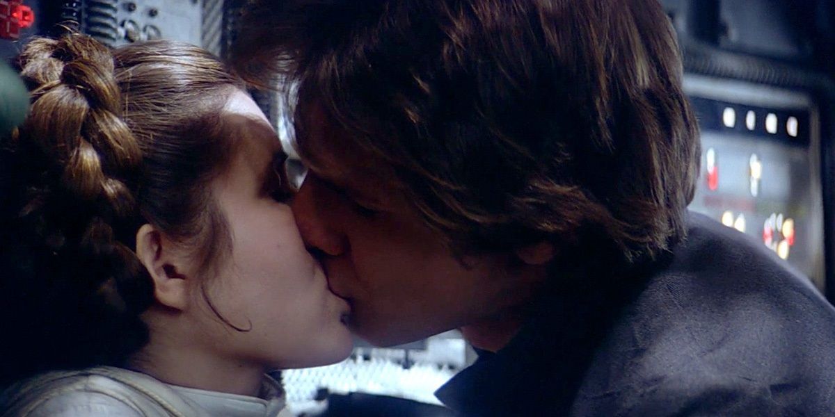 Han and Leia kiss on the Millennium Falcon