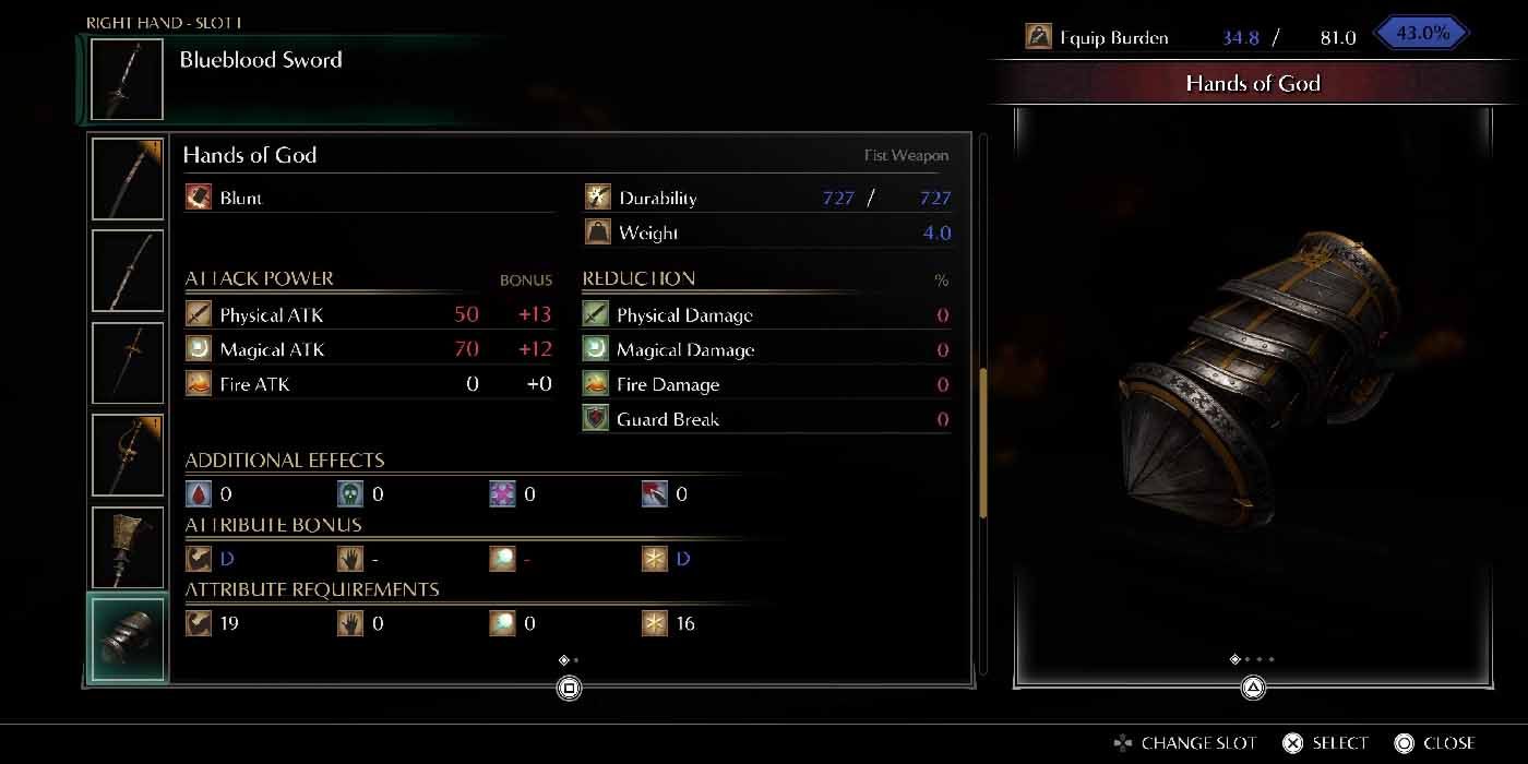 Demon's Souls for the PS5. Inventory View of the Hands of God.