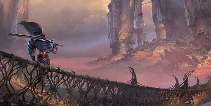 Legends of Runeterra Ionia Yasuo on Bridge looking at village