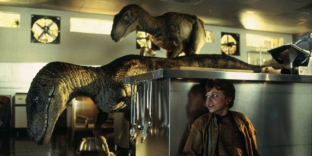 Jurassic Park Raptors and Tim in the kitchen