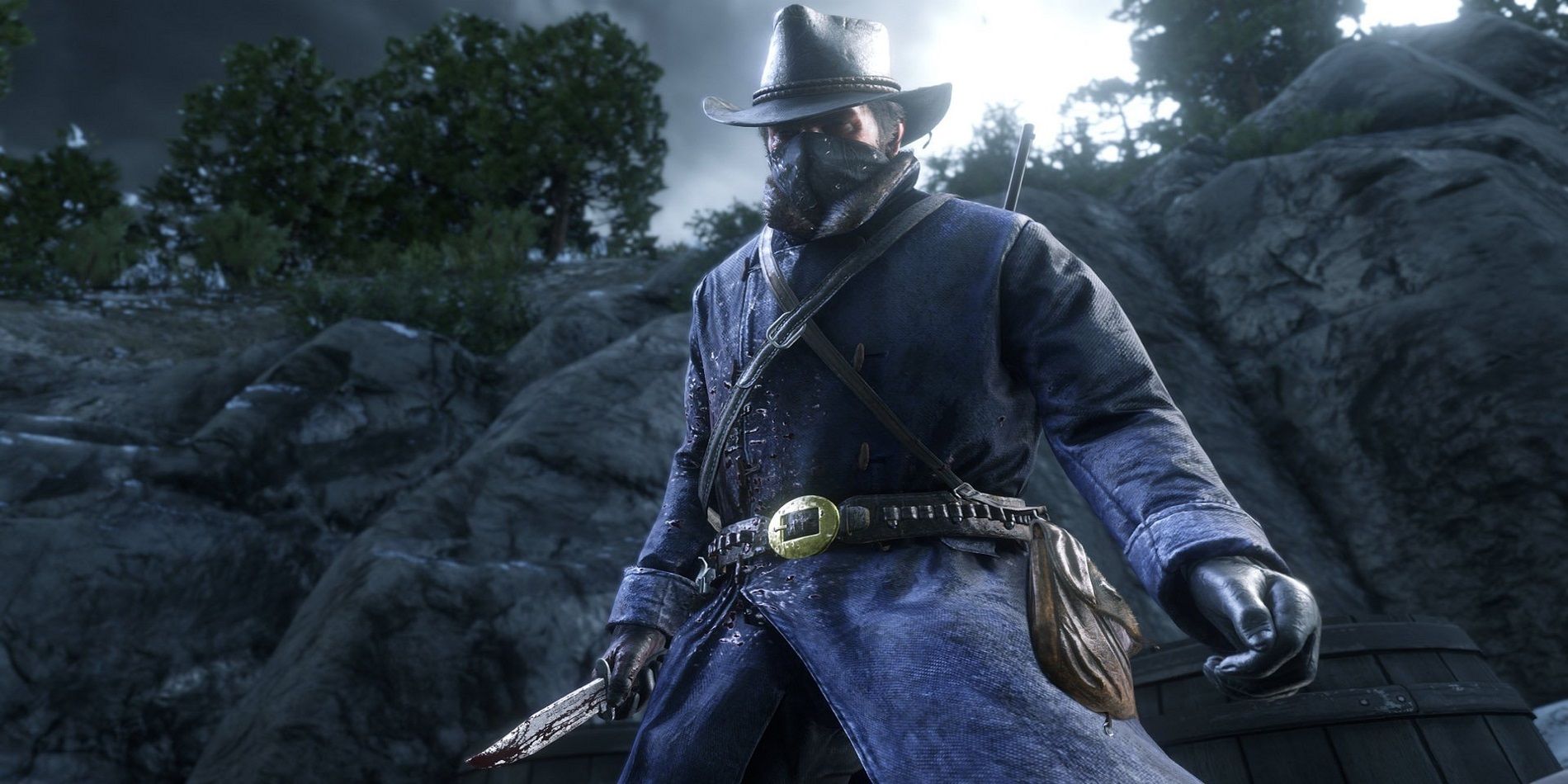 RDR2 Arthur Morgan Armed With A Bloody Knife in the Moonlight