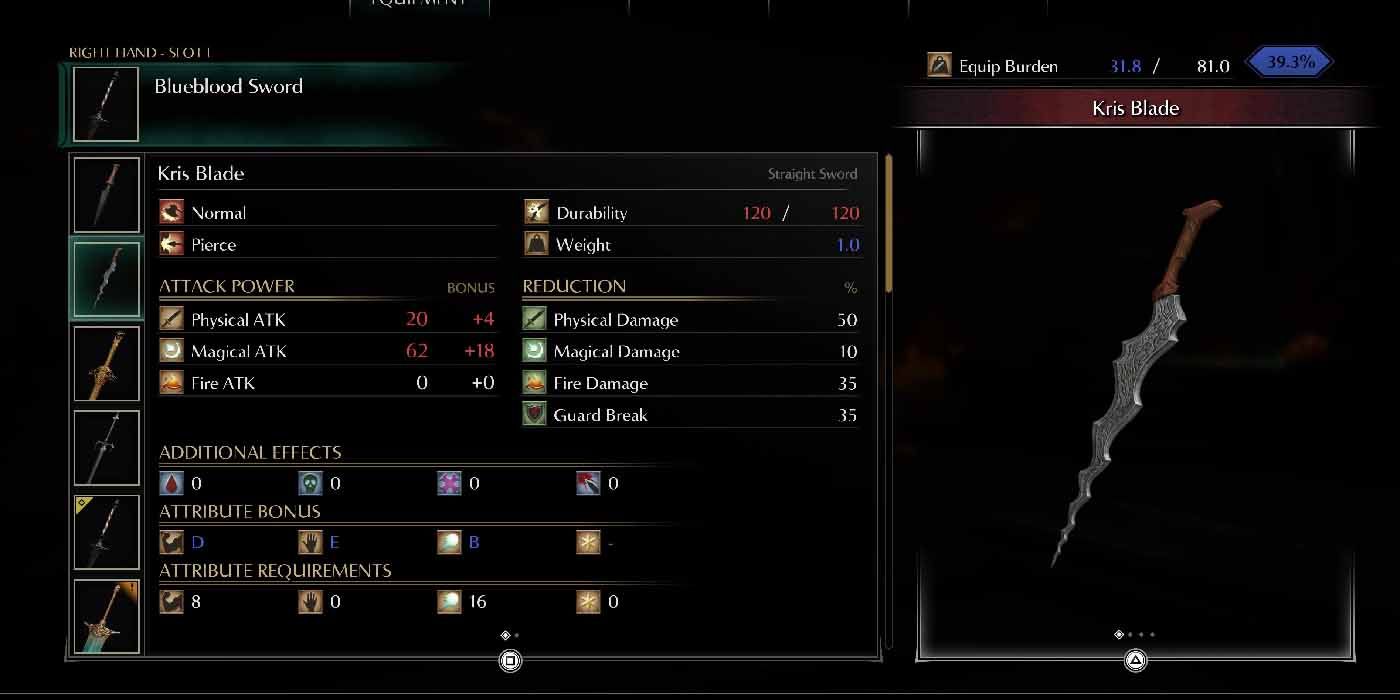 Demon's Souls for the PS5. Inventory View of the Kris sword.