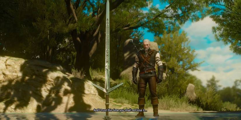Geralt receives the sword from the lake in The Witcher 3
