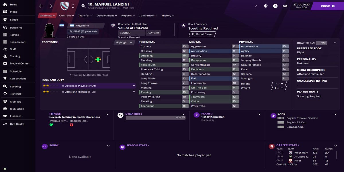 Football Manager 21 - Lanzini profile