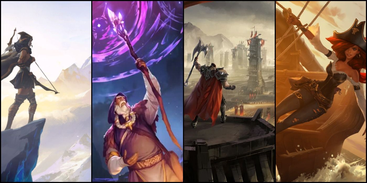 Legends of Runeterra Collage Featuring Four factions from left to right: Freljord, Targon, Noxus, Bilgewater