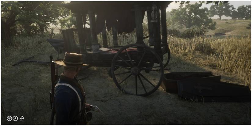 A player looking at an abandoned hearse