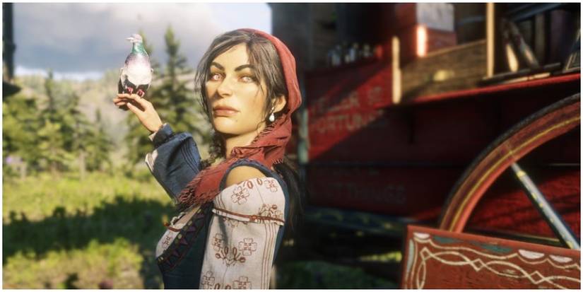 Madam Nazar holding a pigeon and talking to the player