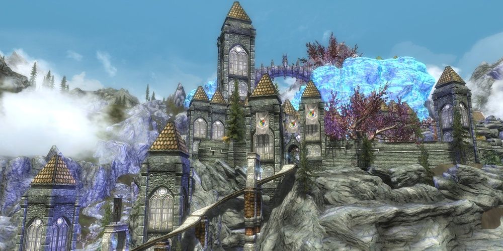 A large city with tall towers and ice, Skyrim