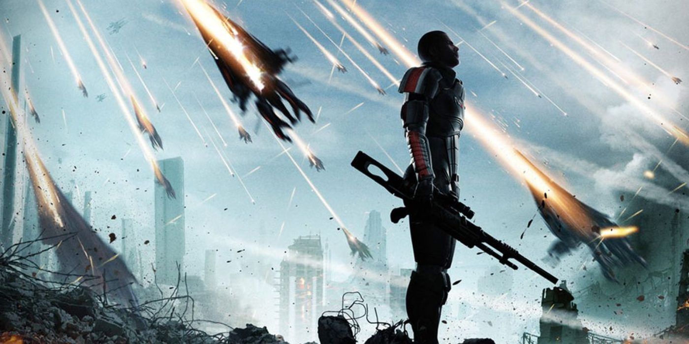Male Commander Shepard standing as Earth is invaded by Reapers