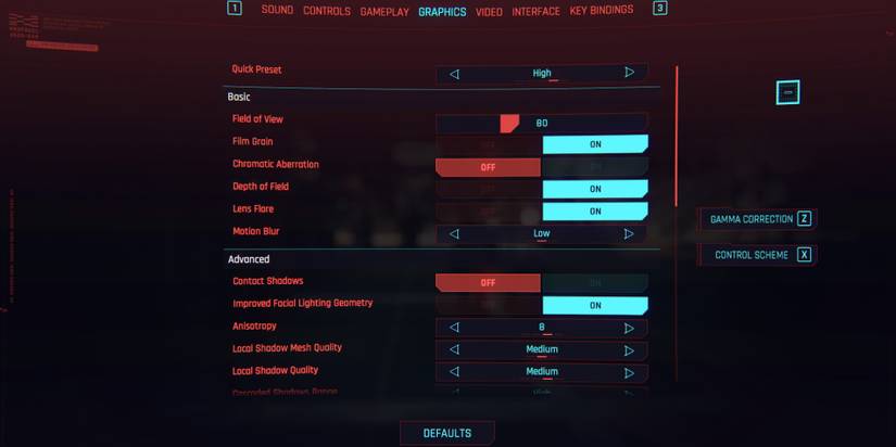 The player navigates the menus in Cyberpunk 2077