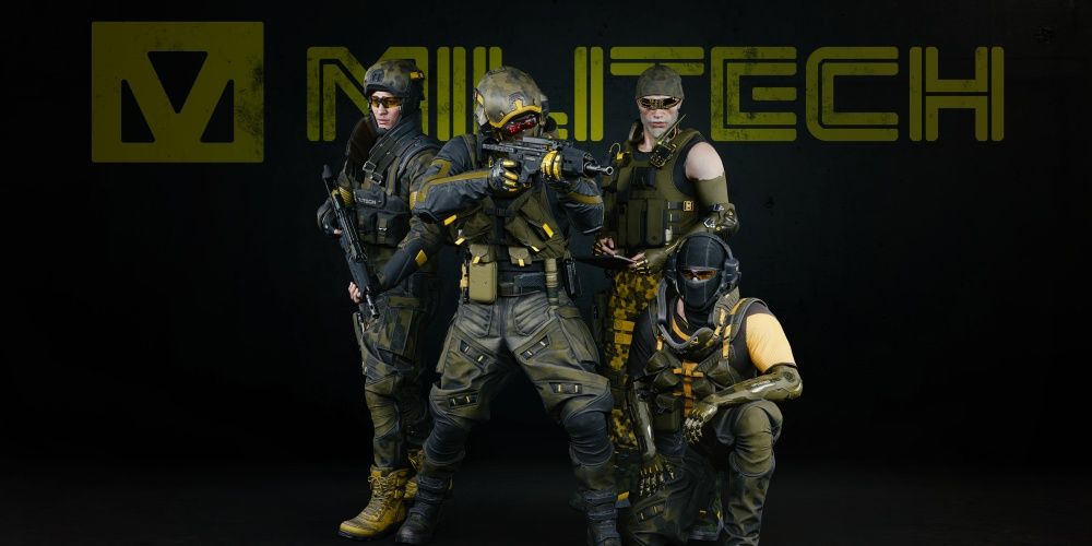 Militech Soldiers Posed In Front Of The Militech Logo