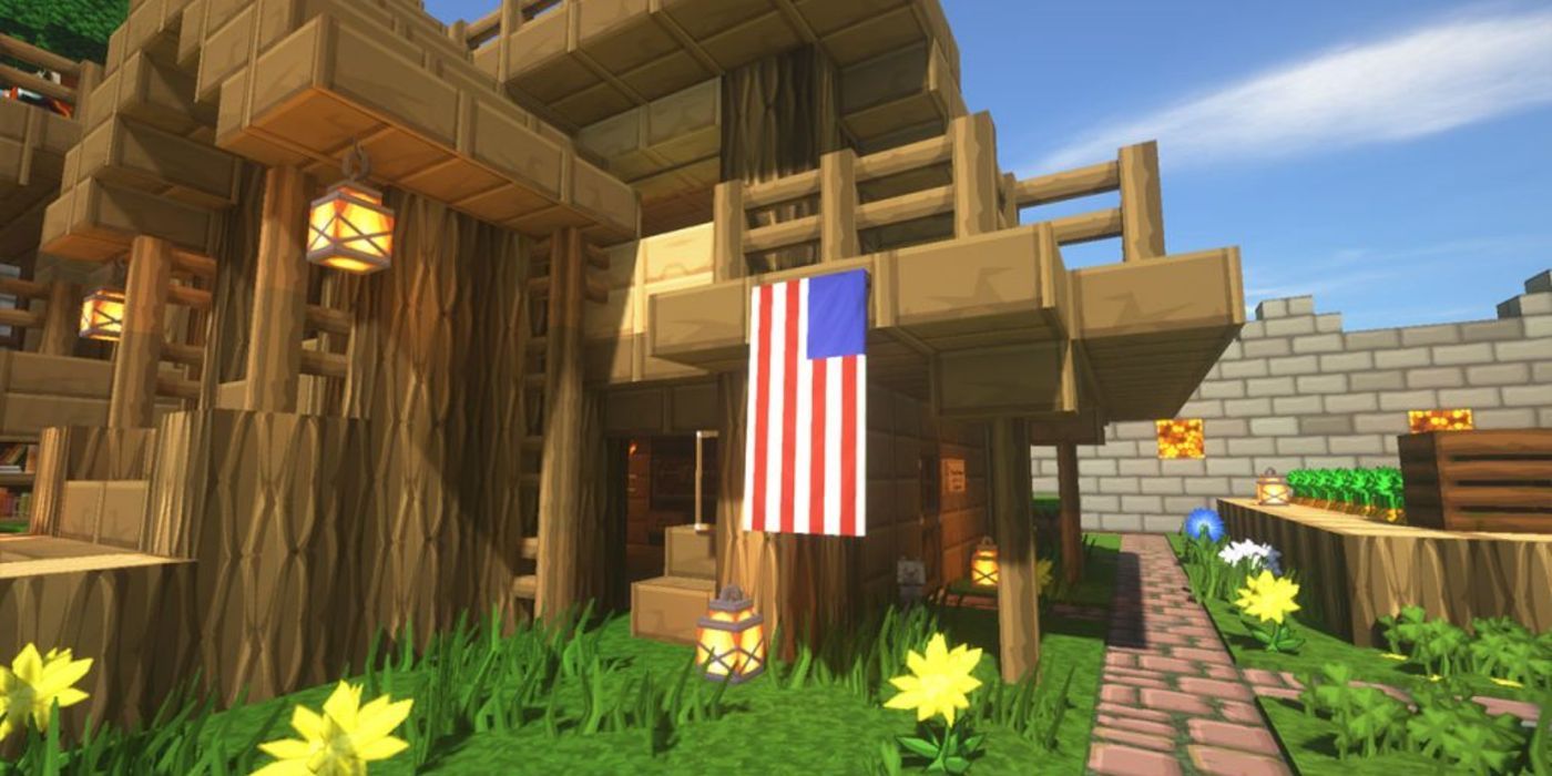 Minecraft banner on a player built house