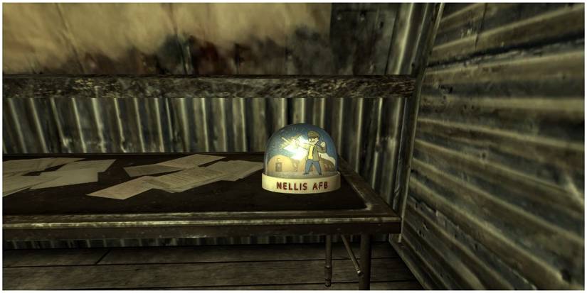 Nellis Air Force Base snow globe on a shelf in one of the barracks