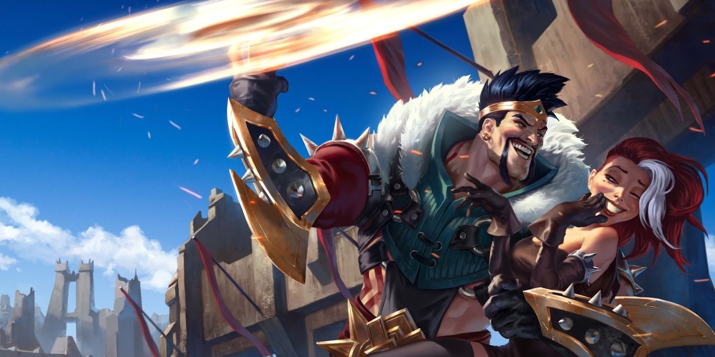 Draven spinning axe and holding girl