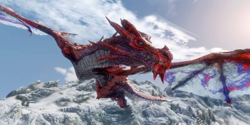 Skyrim Odahviing in Flight Clear Sky Mountains in Background