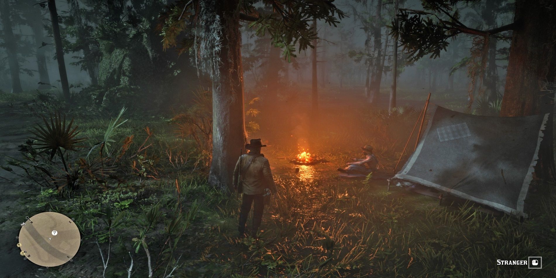RDR2 Arthur Approaching The Old Cajun Around His Campfire