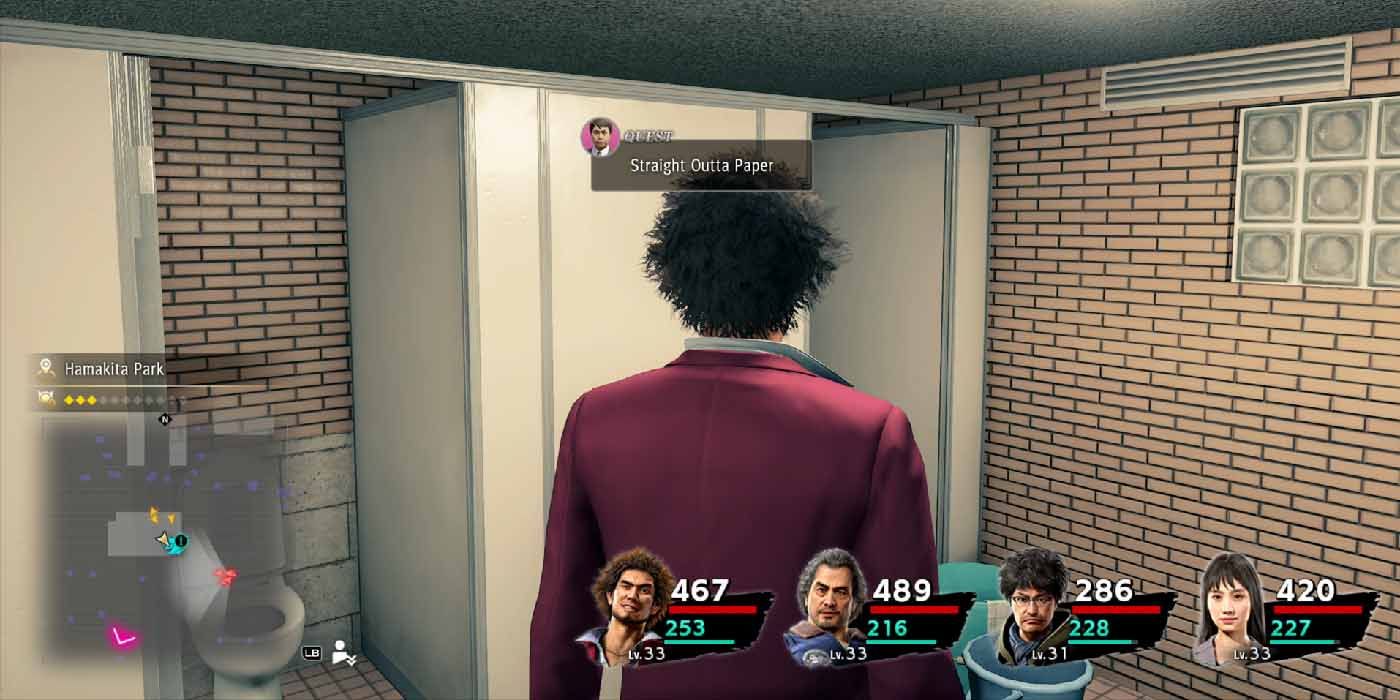 Helping out a stranger in the bathroom in Yakuza: Like a Dragon.