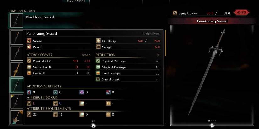 Demon's Souls for the PS5. Inventory View of the Penetrating Sword.
