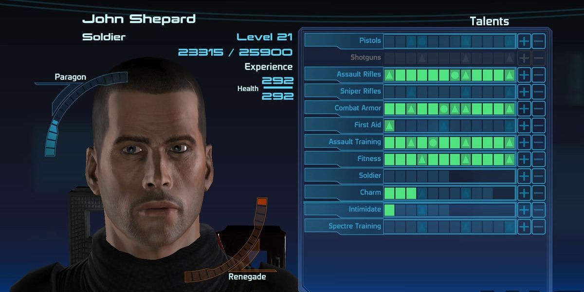 Shephard improves his stats in Mass Effect