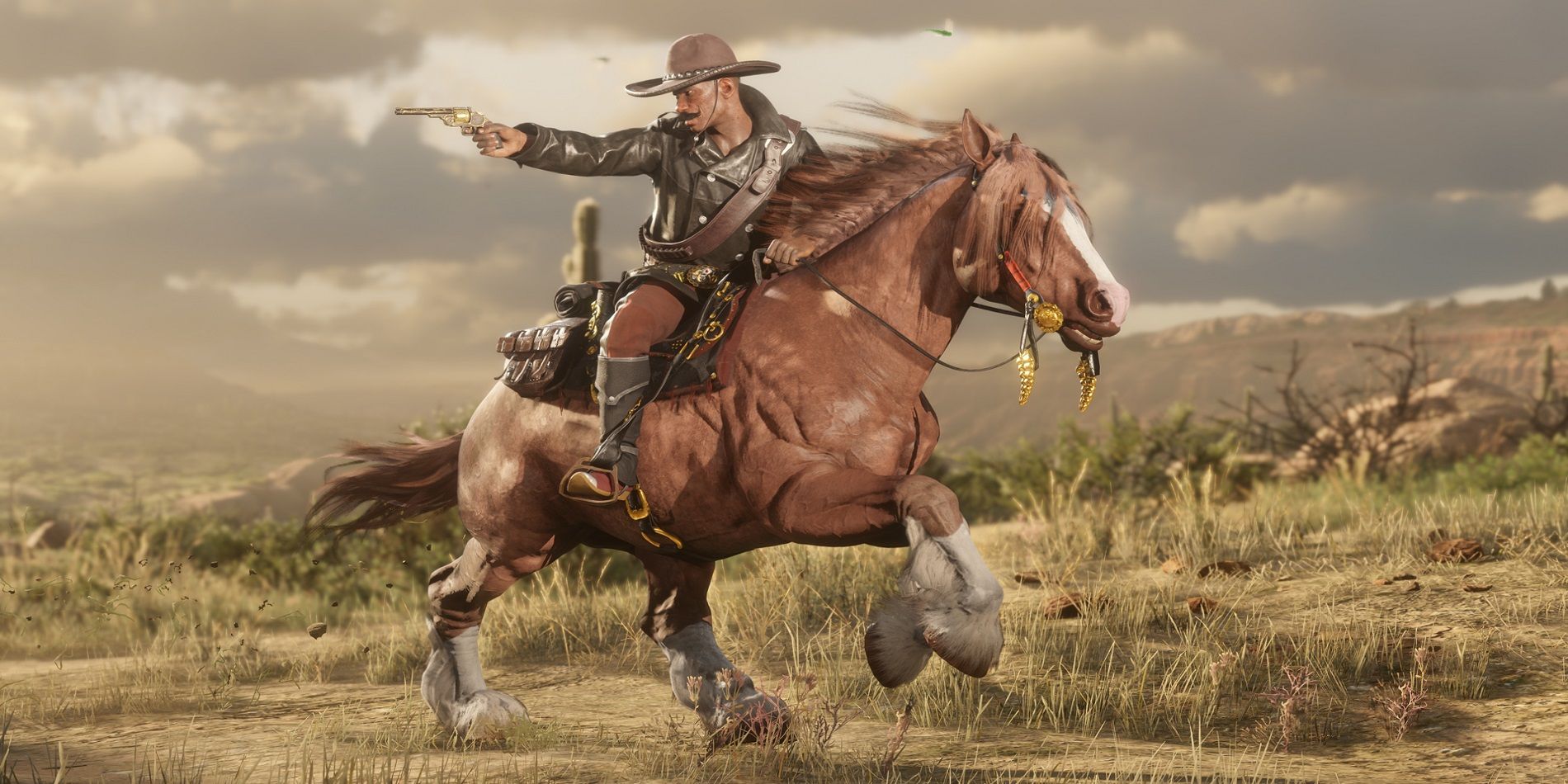 RDO Player Riding Large Brown Horse Shooting Pistol Behind Him