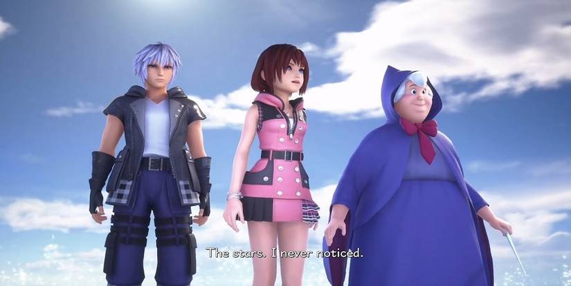 Riku, Kairi, and the Fairy Godmother in Kingdom Hearts Melody of Memory