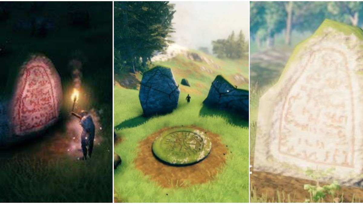 Valheim Runestone at Night Standing Stones Starting Area and Runstone Daytime