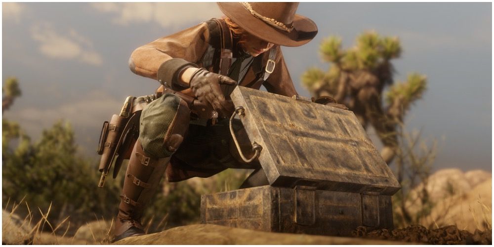 A player opening a chest in the desert