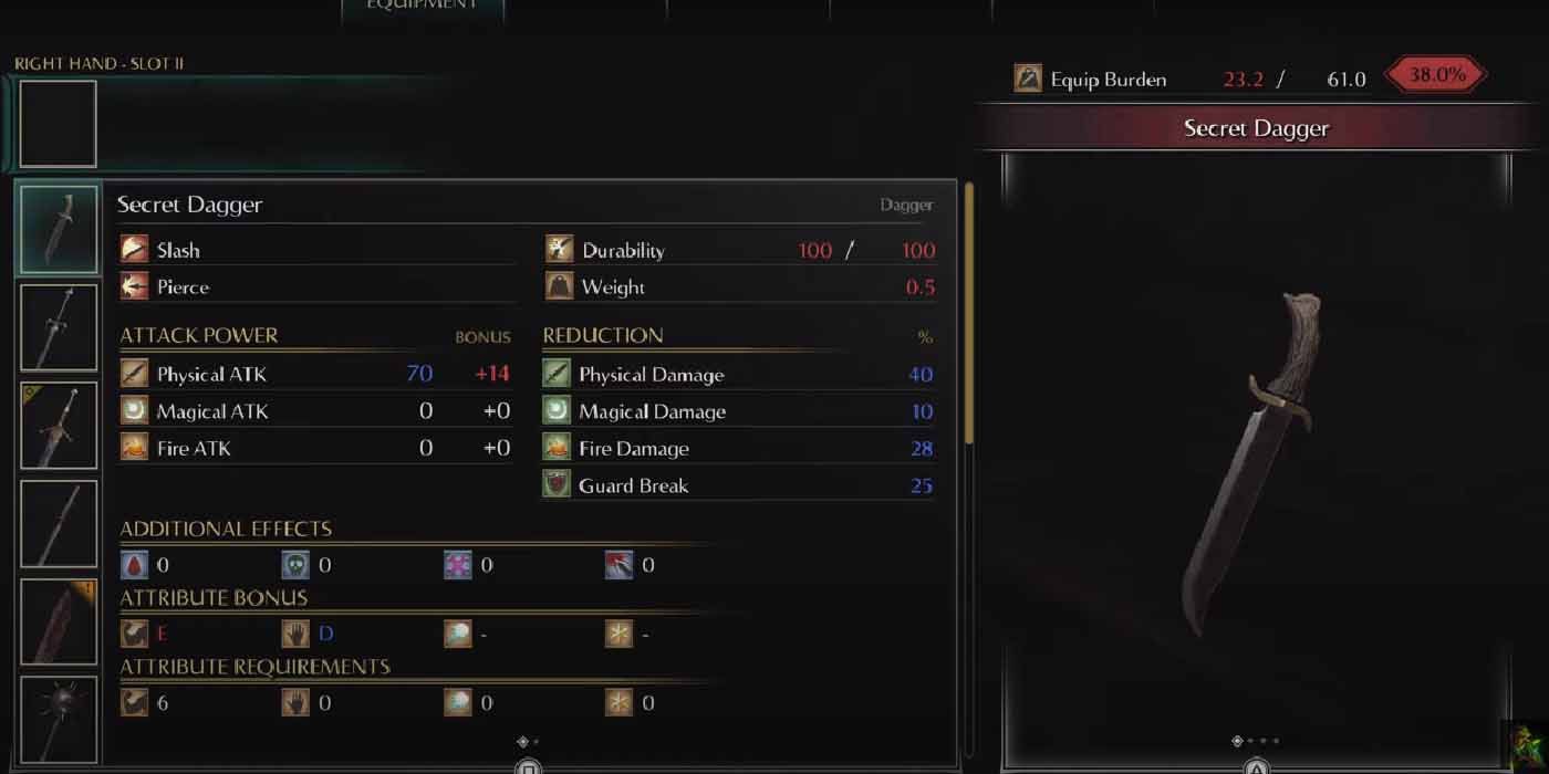 Demon's Souls for the PS5. Inventory View of the Secret Dagger.