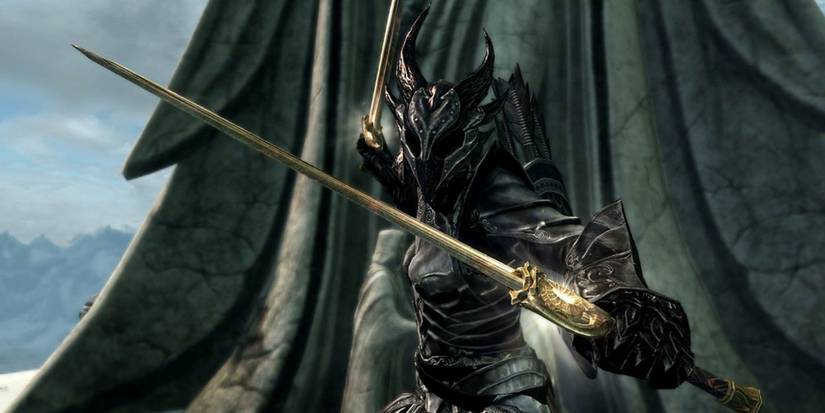Skyrim dawnbreaker held by dragonborn in daedric armor