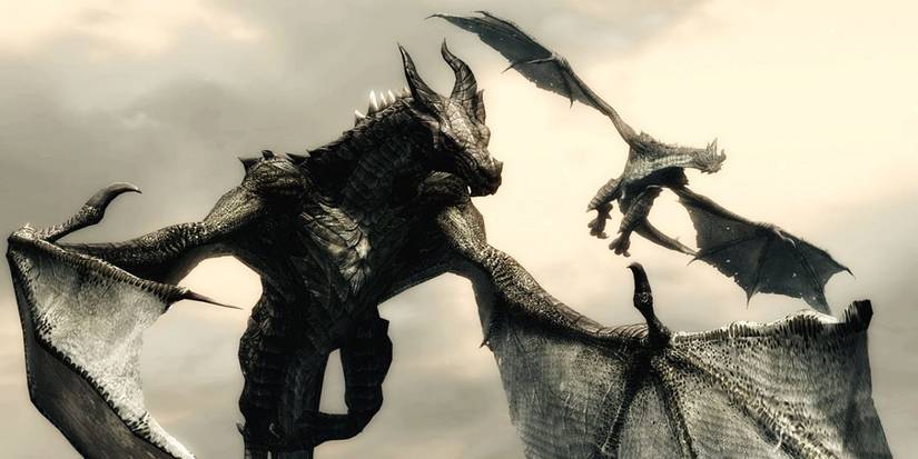 Two Dragons Flying during midday in Skyrim