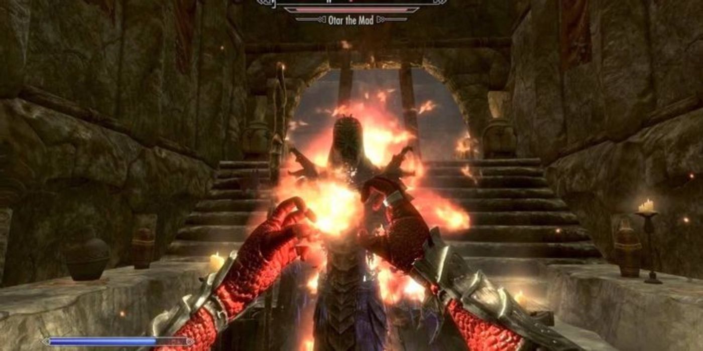 Skyrim Incinerate spell used against a Dragon Priest