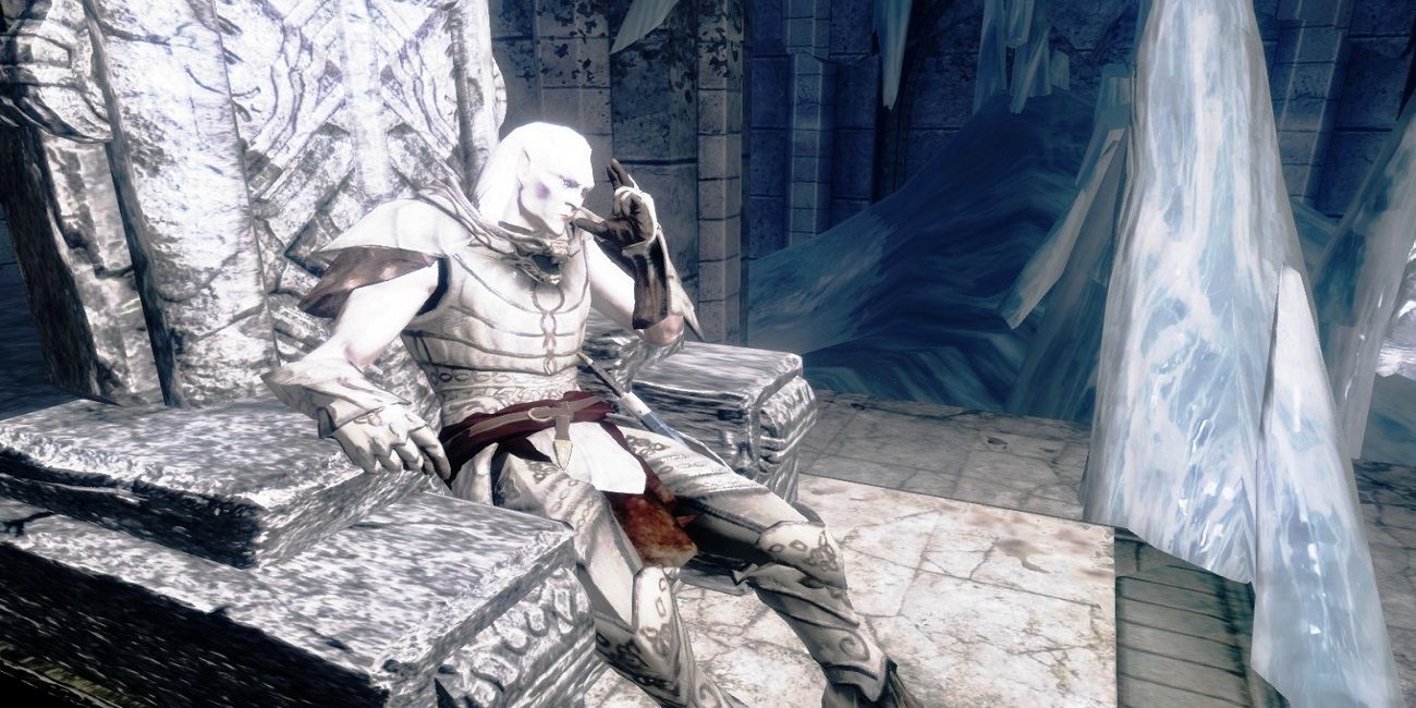 Skyrim Arch Curate Vrythur Snow Elf Sitting Throne Forgotten Vale