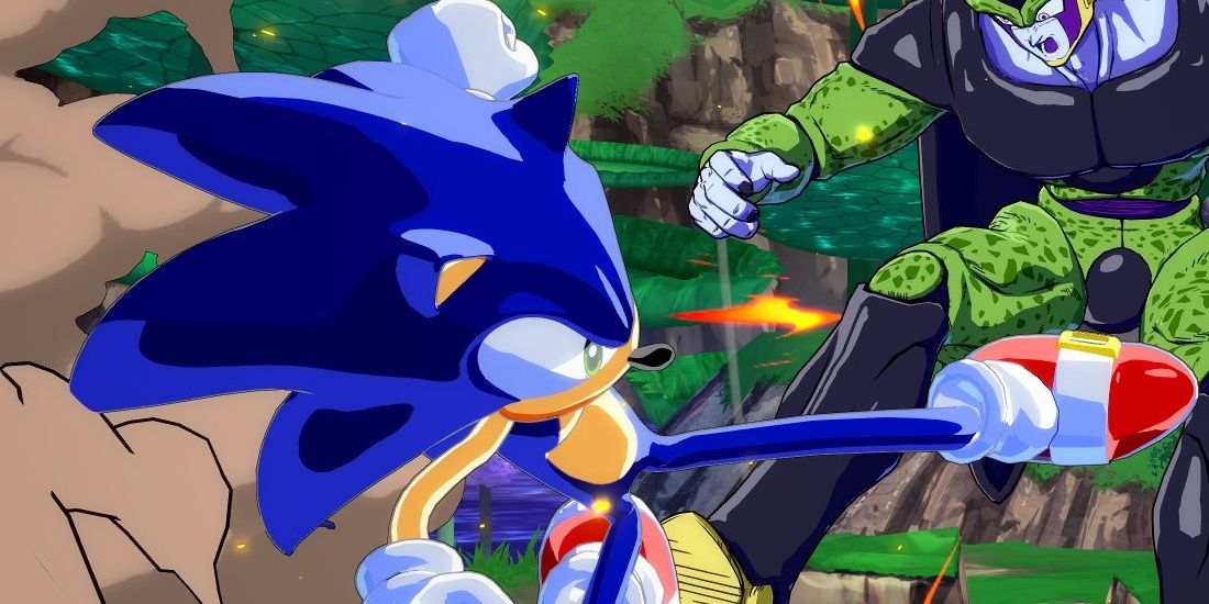 Sonic kicks Cell in Dragon Ball FighterZ