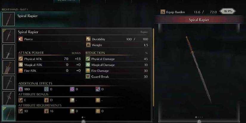 Demon's Souls for the PS5. Inventory View of the Spiral Rapier.