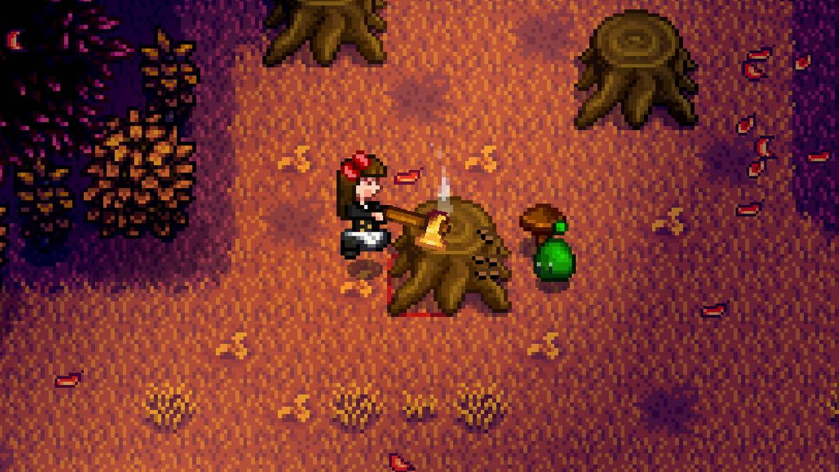 player chopping a stump