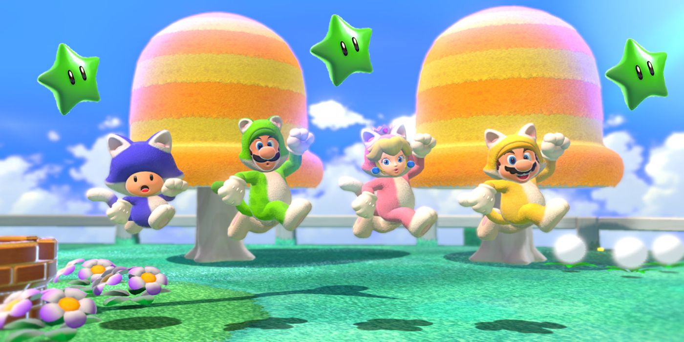 A group of characters jumping in Super Mario 3D World + Bowser's Fury