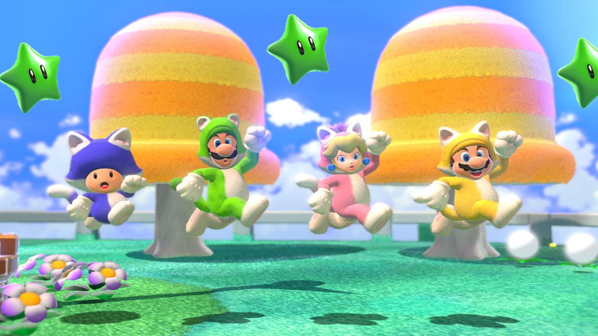 A group of characters jumping in Super Mario 3D World + Bowser's Fury