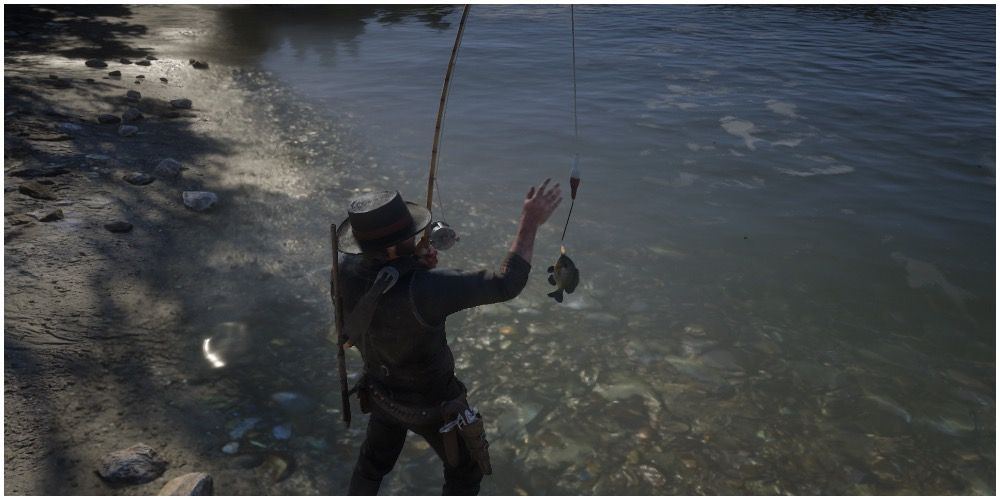 A player reeling in a fish they caught