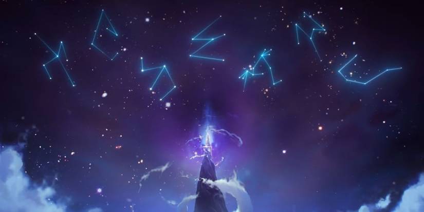 Glowing mountain peak with constellations