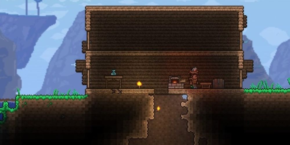 Terraria: A Players First House With Work Bench, Furnace And Mineshaft