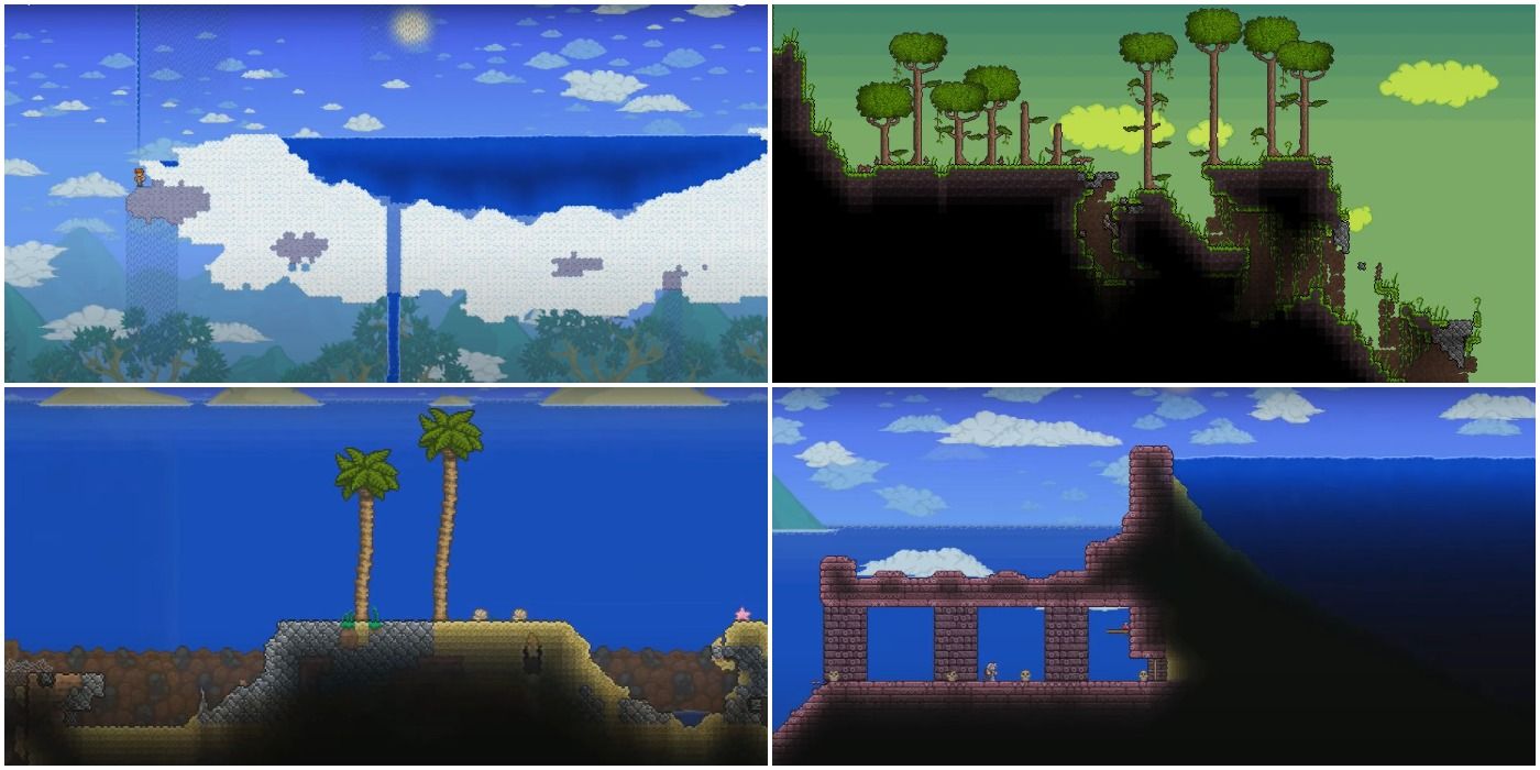 Terraria split image Карта мира Обычные семена Небо Озеро Джунгли Биом Нет Океан Underwater Dungeon