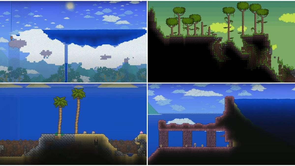 Terraria split image World Map Regular Seeds Sky Lake Jungle Biome No Ocean Underwater Dungeon