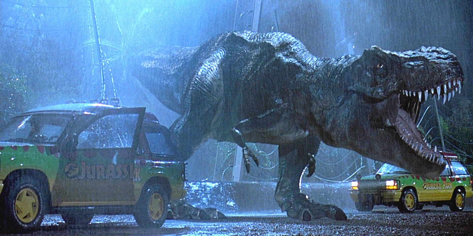 The T rex escapes in Jurassic Park