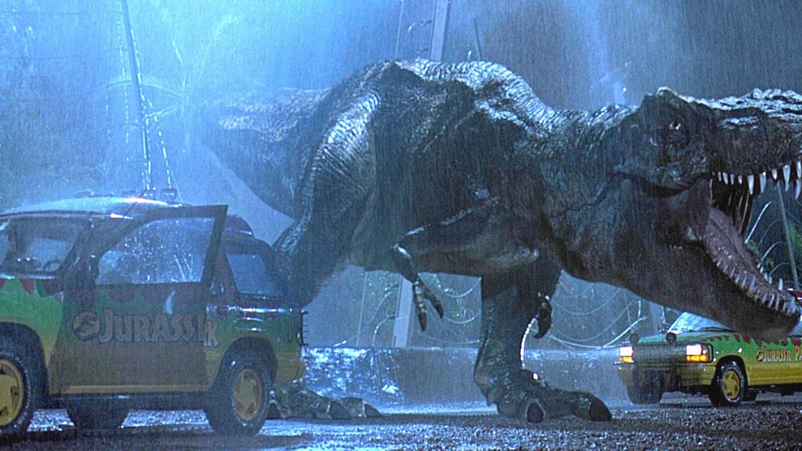 The T rex escapes in Jurassic Park