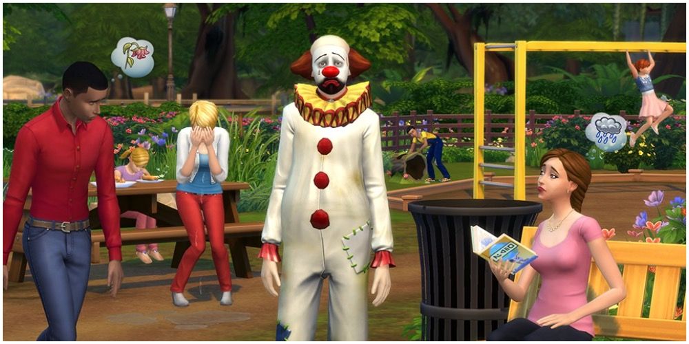 The Tragic Clown surrounded by people in a park