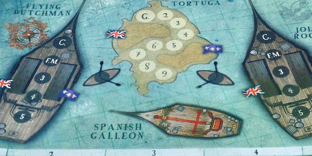 Tortuga game board, featuring warships, British and French flags, and the island of Tortuga. 