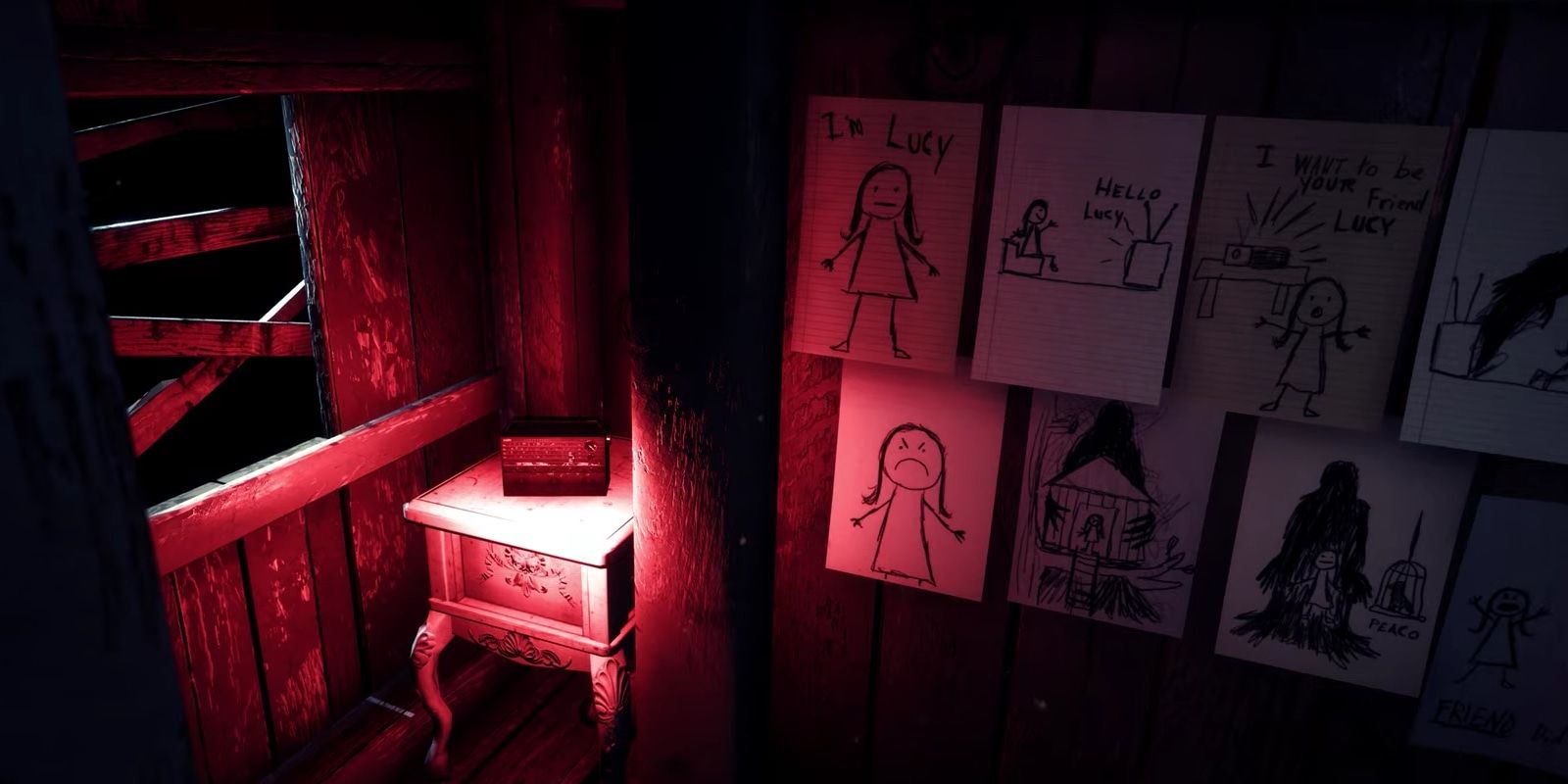 A red lit treehouse interior with disturbing drawings