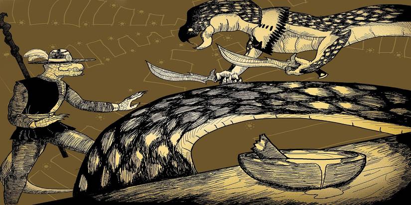 Elder Scrolls Artwork Tsaesci Snake People of Akavir Attacking Argonian with Two Swords